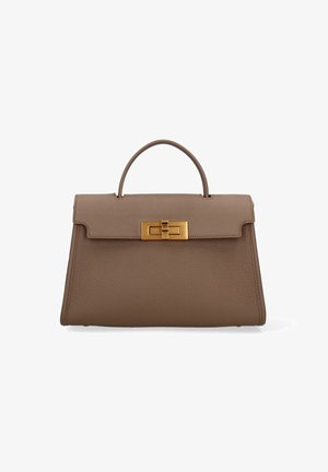 Sac à main en cuir marron au design structuré, avec une anse haute et un fermoir doré. Texture lisse et forme rectangulaire.