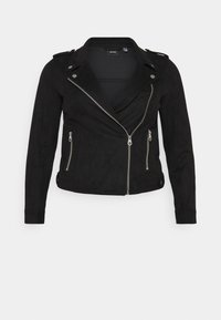 Veste en faux daim noire avec fermeture zippée asymétrique, col / cranter, épaulettes et poches latérales zippées. Texture lisse, design ajusté.