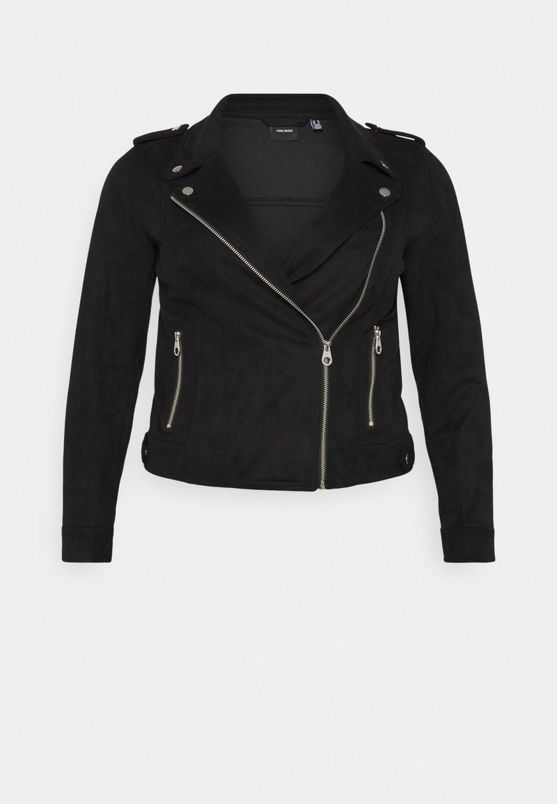 Veste en faux daim noire avec fermeture zippée asymétrique, col / cranter, épaulettes et poches latérales zippées. Texture lisse, design ajusté.