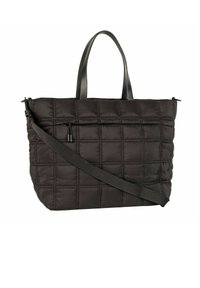 Czarna pikowana torba na ramię z dwoma skórzanymi uchwytami, odpinanym regulowanym paskiem oraz przednią kieszenią na zamek; posiada teksturowaną powierzchnię.