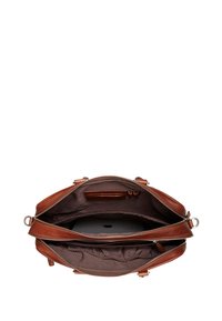 Brown leather bag with a spacious interior, gray lining, multiple pockets, and a compartment for a laptop. Zipper closure with silver hardware.