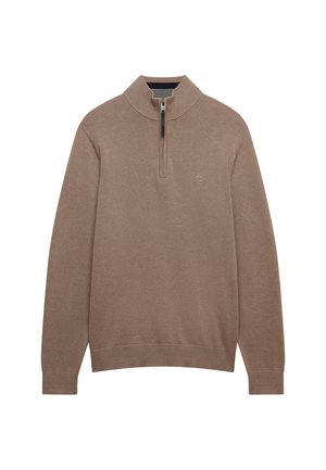 Brown long-sleeve knit sweater with a quarter-zip collar and small embroidered logo on the left chest.