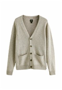 Light gray knitted cardigan with a V-neck, five dark buttons, two front pockets, and ribbed cuffs and hem. Soft texture and casual design.