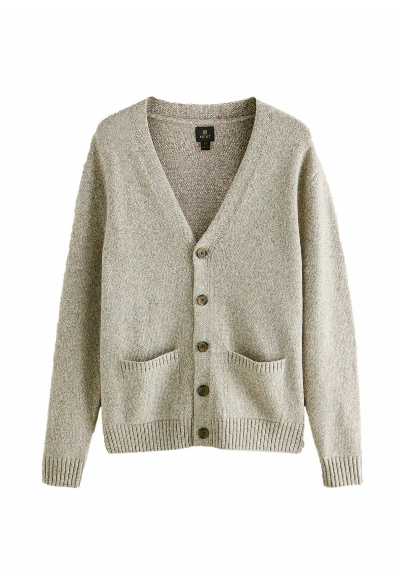 Light gray knitted cardigan with a V-neck, five dark buttons, two front pockets, and ribbed cuffs and hem. Soft texture and casual design.