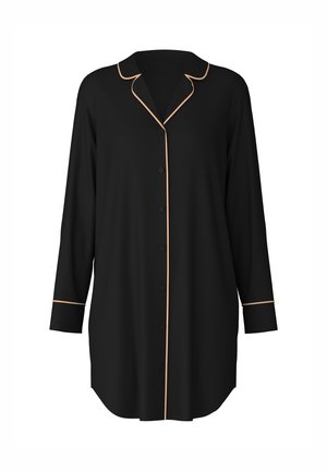 Zwarte button-up shirt met een klassieke kraag, lange mouwen met manchetdetails en contrasterende lichtbeige bies langs de kraag en knopen.