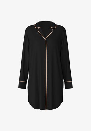 Zwarte button-up shirt met een klassieke kraag, lange mouwen met manchetdetails en contrasterende lichtbeige bies langs de kraag en knopen.