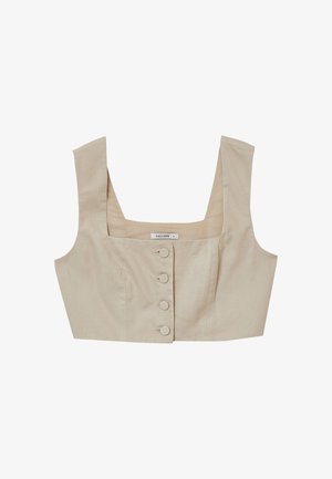 Top court en lin beige à encolure carrée, fermeture à cinq boutons sur le devant, bretelles larges et design ajusté avec une texture subtile.