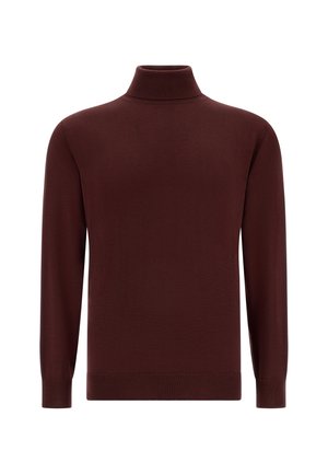 Suéter de cuello alto burdeos hecho de suave tela de punto, con mangas largas y un diseño ajustado con puños y dobladillo acanalados.