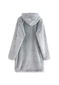 Grau gestrickter Bademantel mit Kapuze, langen Ärmeln, weichem Material und knielanger Schnittform. Keine Muster oder metallischen Elemente sichtbar.