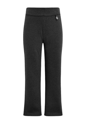 Graue Fleece-Hosen mit einem breiten Bund, geraden Beinen und einem kleinen blumenförmigen Akzent auf der Vorderseite. Weiche Textur.
