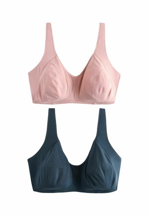 Two wireless bras, one pink and one dark gray, shown flat with full coverage cups and wide shoulder straps.