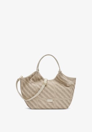 Grande borsa beige testurizzata con due manici e una tracolla rimovibile con fibbie in metallo color oro.