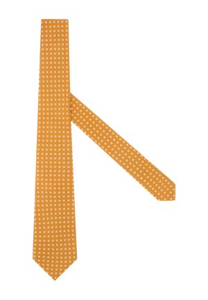 Cravate jaune avec un motif répété de petits diamants blancs. Le tissu a une texture lisse et un design slim avec une pointe effilée.