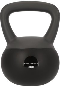 Zwarte kettlebell van 6 kg met een gladde, matte afwerking. Heeft een ronde vorm en een brede grepen voor grip. Logo op de voorkant weergegeven.