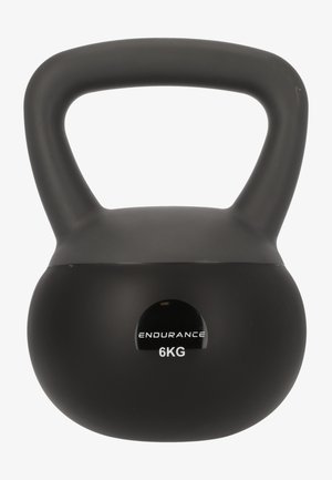 Schwarze Kettlebell, 6 kg, mit einer glatten, matten Oberfläche. Verfügt über einen runden Körper und einen breiten Griff für besseren Halt. Logo auf der Vorderseite.