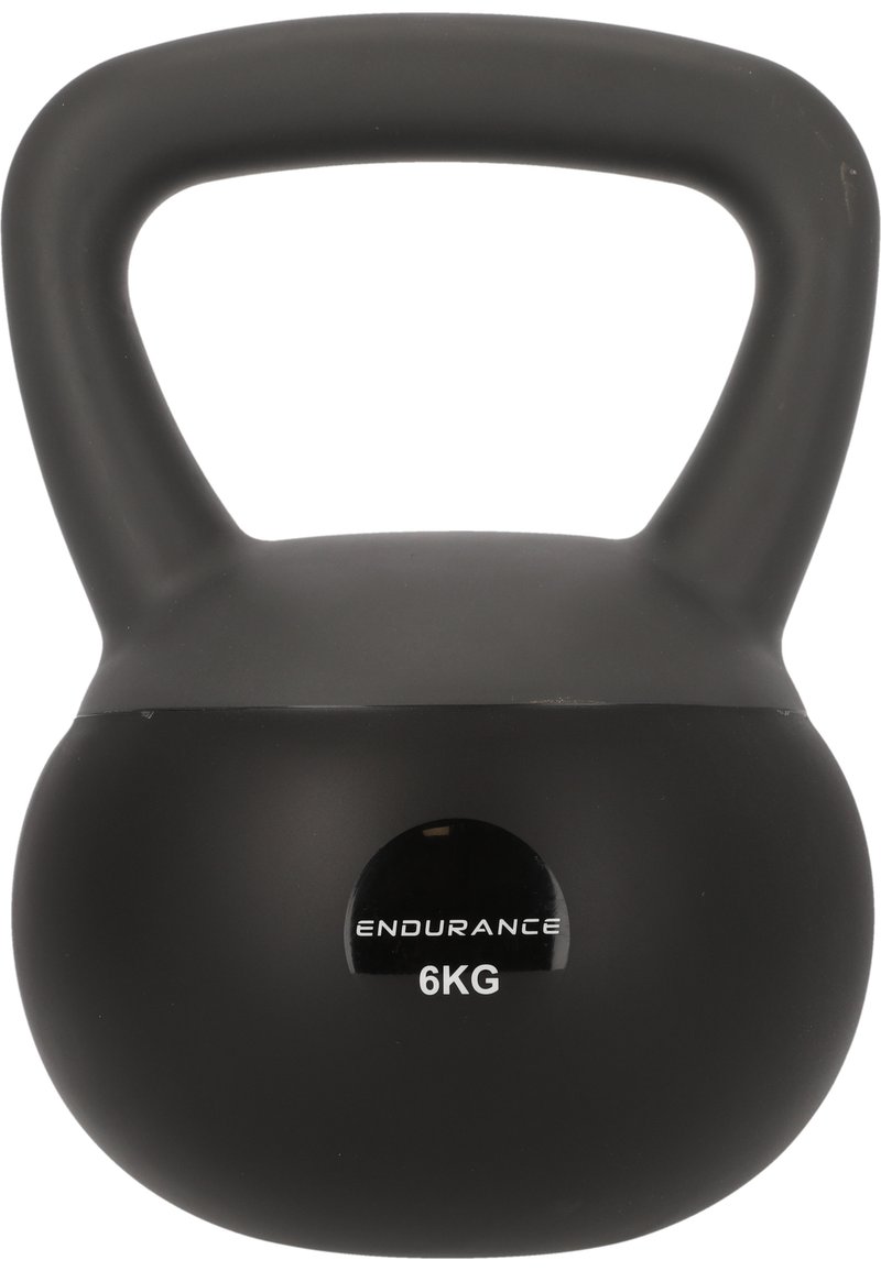 Zwarte kettlebell van 6 kg met een gladde, matte afwerking. Heeft een ronde vorm en een brede grepen voor grip. Logo op de voorkant weergegeven.