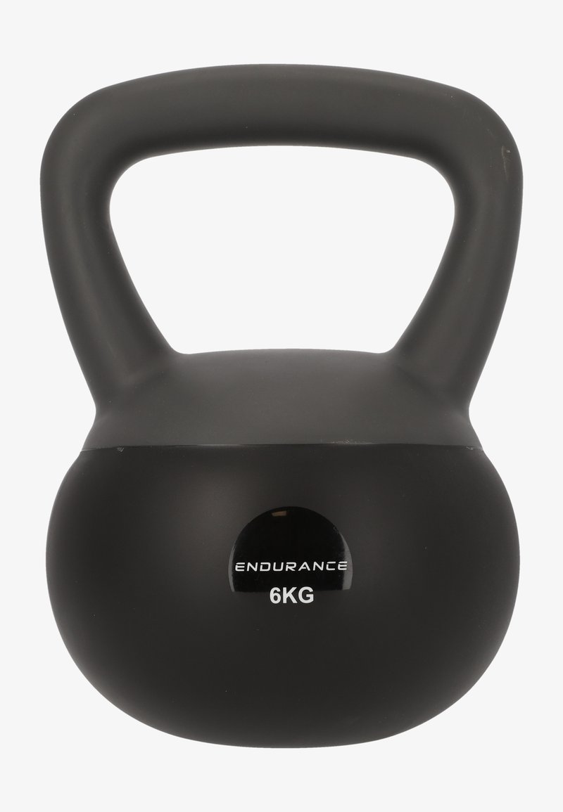 Zwarte kettlebell van 6 kg met een gladde, matte afwerking. Heeft een ronde vorm en een brede grepen voor grip. Logo op de voorkant weergegeven.