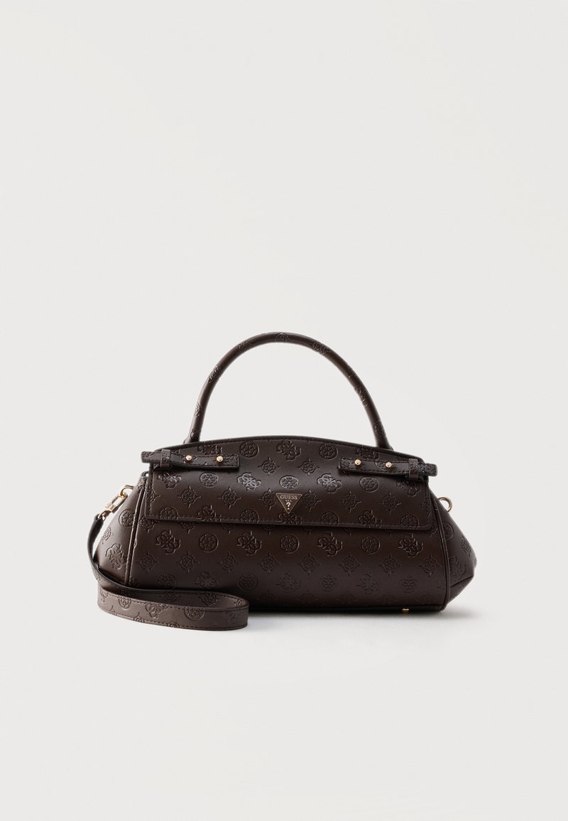 Sac à main en cuir marron foncé embossé d'un motif, doté d'une poignée supérieure, d'une bandoulière amovible et d'un rabat avant avec un logo triangulaire.