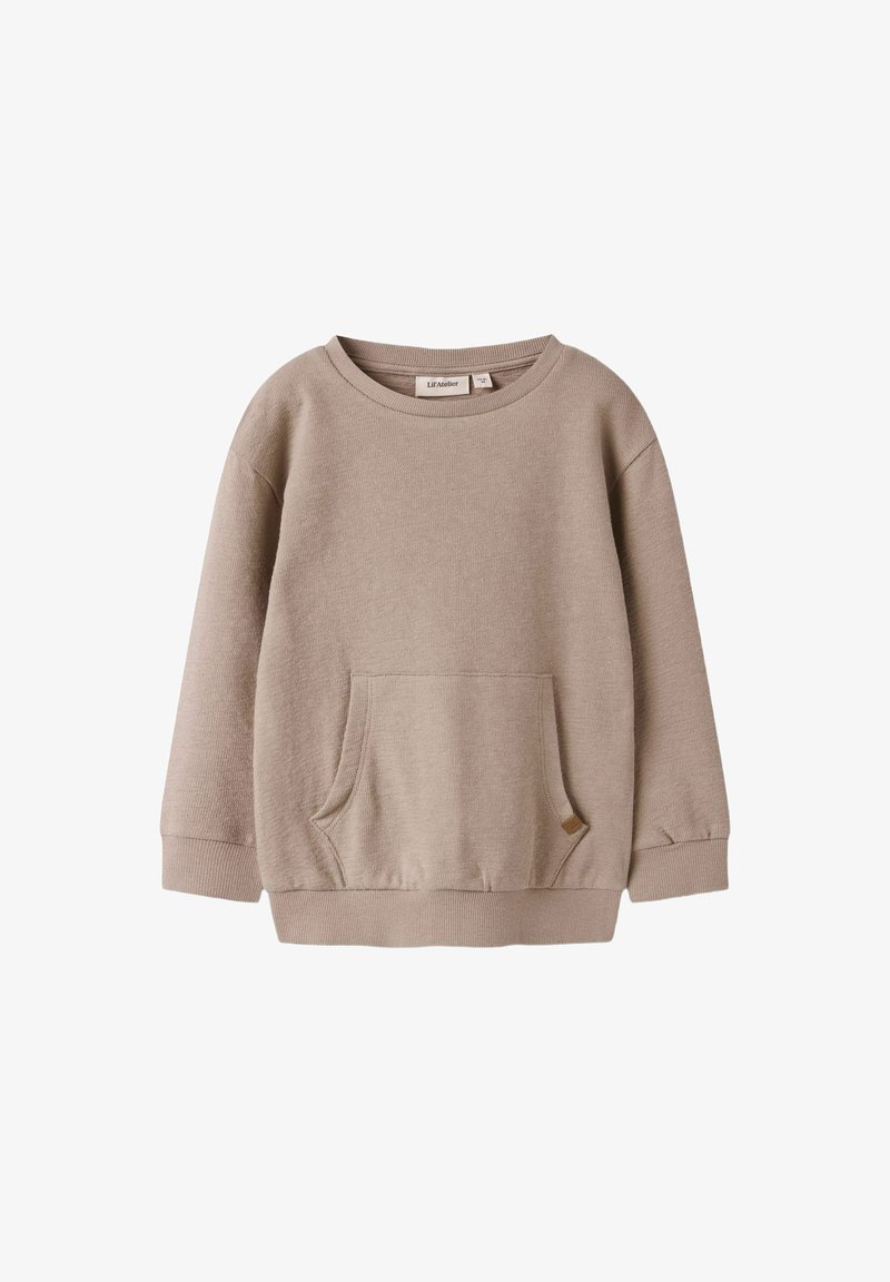 Sudadera beige de manga larga con cuello redondo, bolsillo tipo canguro y puños y bajo acanalados, diseñada para un niño pequeño o un niño pequeño.