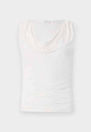 Λευκό αμάνικο τοπ με λαιμόκοψη τσουλούφας, μαζεμένη υφή μπροστά και λεία υφασμάτινη επιφάνεια. Σχεδιασμένο για εφαρμοστή σιλουέτα.