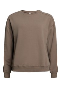 Brown sweatshirt featuring a round neck, dropped shoulders, and ribbed cuffs. Made from soft fabric with a smooth texture and minimalist design.