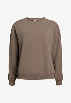 Sweatshirt marron avec un col rond, des épaules tombantes et des poignets à côtes. Fabriqué en tissu doux avec une texture lisse et un design minimaliste.