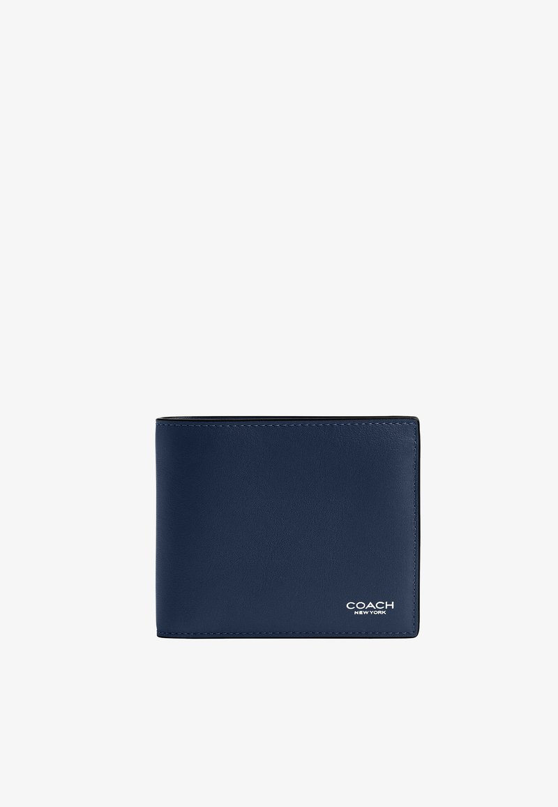 Portefeuille en cuir bleu marine à deux volets avec le logo « Coach New York » embossé en blanc dans le coin inférieur droit.