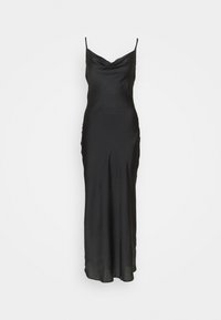 Mustat, satiiniset, hihattomat mekko, jossa on laskostettu kaula-aukko, tiukka muotoilu ja lattiaan ulottuva malli. Sileä rakenne, jossa on hienovaraisia laskostuskuvioita.