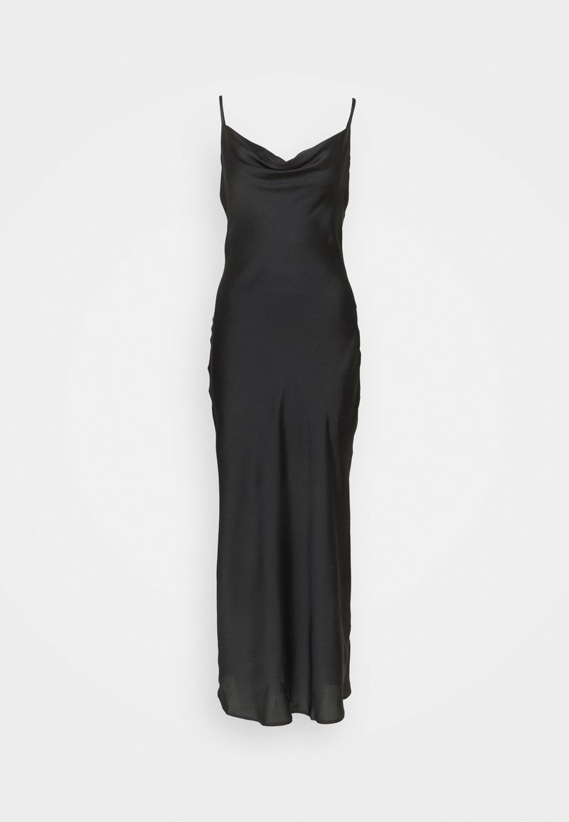 Mustat, satiiniset, hihattomat mekko, jossa on laskostettu kaula-aukko, tiukka muotoilu ja lattiaan ulottuva malli. Sileä rakenne, jossa on hienovaraisia laskostuskuvioita.