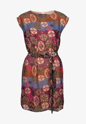 Jurk met een multicolor, patroonstof met cirkel- en bloemmotieven, korte mouwen, een getailleerde taille en een taillekoord.