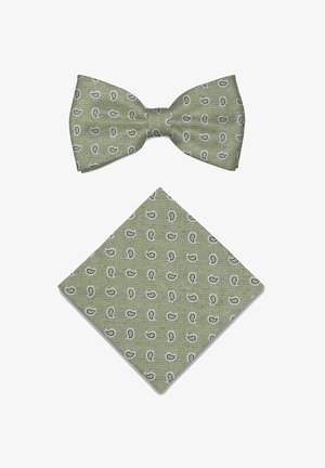Light green bow tie and matching pocket square with subtle paisley pattern and diagonal herringbone texture on white background.
