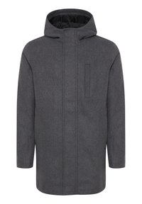 Grauer Wollmischungsmantel mit Kapuze, ausgestattet mit einem Frontreißverschluss, Seitentaschen und einem minimalistischen Design. Glatte Textur und einfache Details.
