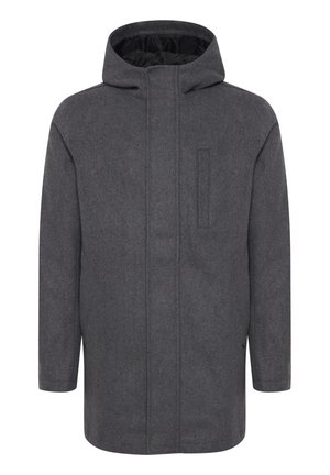 Hall hallitav hall villasegu mantel kapuutsiga, ees lukk, küljetaskud ja minimalistlik disain. Sile tekstuur ja lihtne detailides.