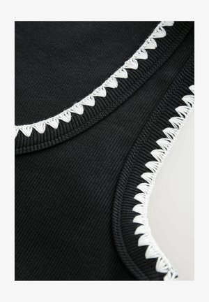 Schwarzer Stoff mit strukturierten Rippungen, versehen mit einem weißen gewellten Kantenakzent. Das Design umfasst geschwungene Formen und kontrastierende Nähdetails.