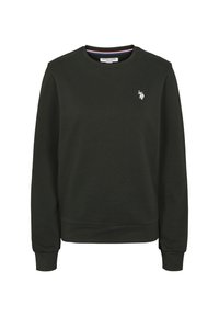 Mörkgrön sweatshirt med ribbad textur och rundad halsringning, som har en liten vit polo-spelare-logo på vänster bröst.
