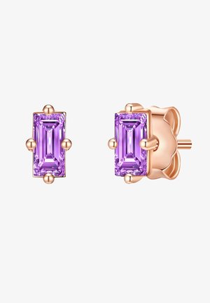 Orecchini a bottone in oro rosa con gemme rettangolari di colore viola con taglio sfaccettato, montate in un design a quattro griffe, arricchite da sfere tonde.