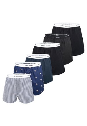 Set aus sieben Herrenboxershorts in verschiedenen Farben und Mustern, darunter gestreift, ein blauer Stoff mit Vogelmotiv und einfarbig Schwarz. Mit elastischem Bund.