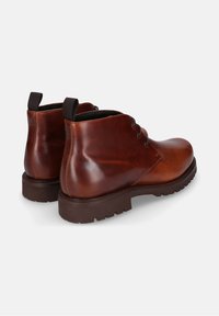 Braune Leder-Ankle-Boots mit glattem Finish, abgerundeter Zehenpartie, Schnürdesign und Gummisohle mit strukturiertem Profil. Braune Stoffziehschlaufen.