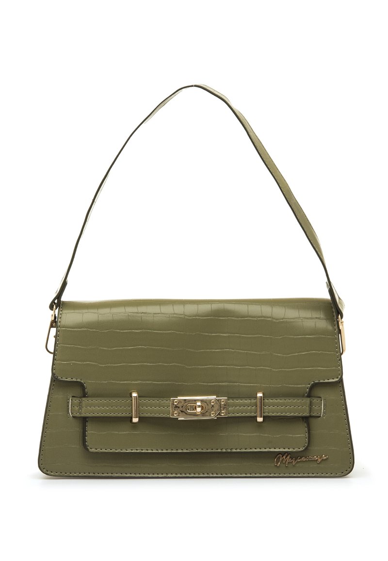 Bolso verde oliva con estampado de cocodrilo, solapa plegable, herrajes dorados y una correa de hombro desmontable.