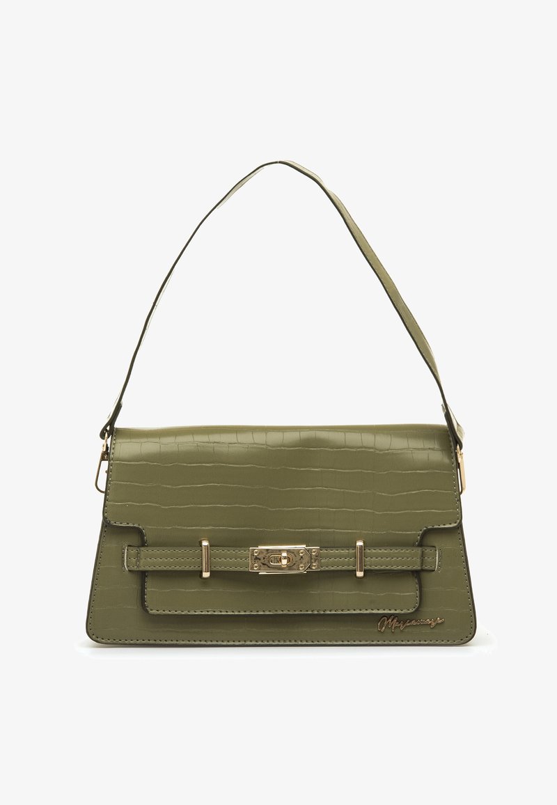 Bolso verde oliva con estampado de cocodrilo, solapa plegable, herrajes dorados y una correa de hombro desmontable.