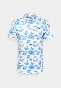 Polo tričko s krátkým rukávem v bílé barvě s modrou venkovskou potiskem zahrnujícím zvířata a postavy, klasický límeček a akcent s logem na hrudi.