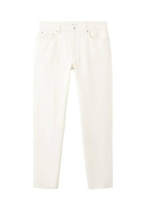 Jeansi albi cu croială dreptă, buzunare frontale, capse pentru curea și închidere cu nasture, prezentați pe un fundal alb simplu.