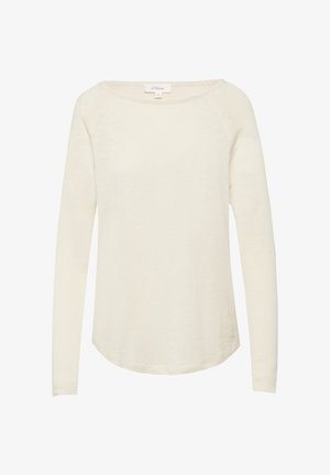 Langarm, off-white shirt gemaakt van zachte stof, met een ronde halslijn en een losse fit met een gebogen zoom. Geen zichtbare patronen of accenten.