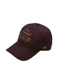 Karmesinrote Mütze aus Baumwolle, mit gesticktem goldfarbenem Text "Der Verbotene Gesellschaftsclub" und Löwenmotiven, mit einem gebogenen Schirm und verstellbarem Riemen.