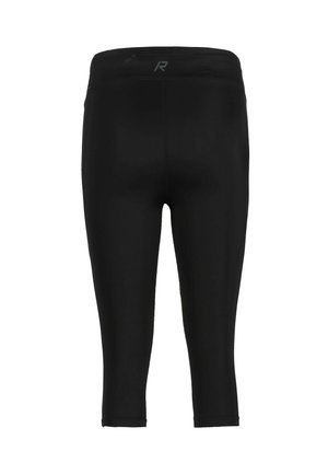 Zwarte korte sportleggings met een hoge tailleband en een klein reflecterend logo op het midden achter de tailleband.