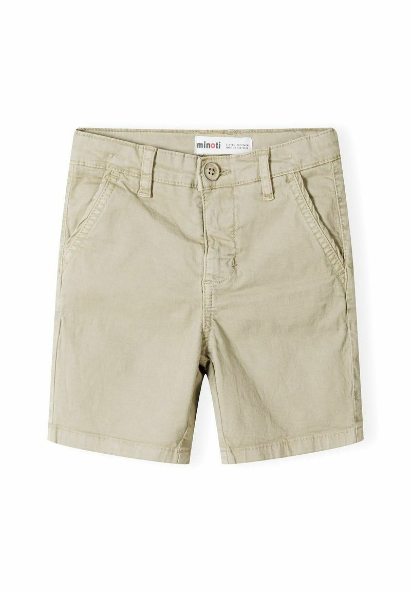 Shorts kaki en coton, avec une fermeture à bouton, des passants de ceinture et des poches avant. Texture lisse avec des coutures nettes et un design simple.