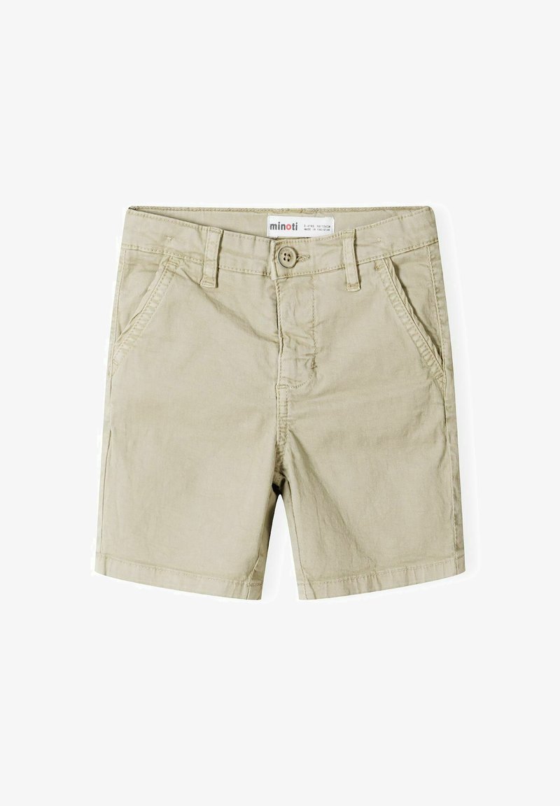 Shorts kaki en coton, avec une fermeture à bouton, des passants de ceinture et des poches avant. Texture lisse avec des coutures nettes et un design simple.