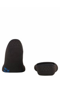 Svarta ankelsockor med texturerad tyg, rund tå och blå märkning på sidan. Designen har en sömlös mudd för komfort.