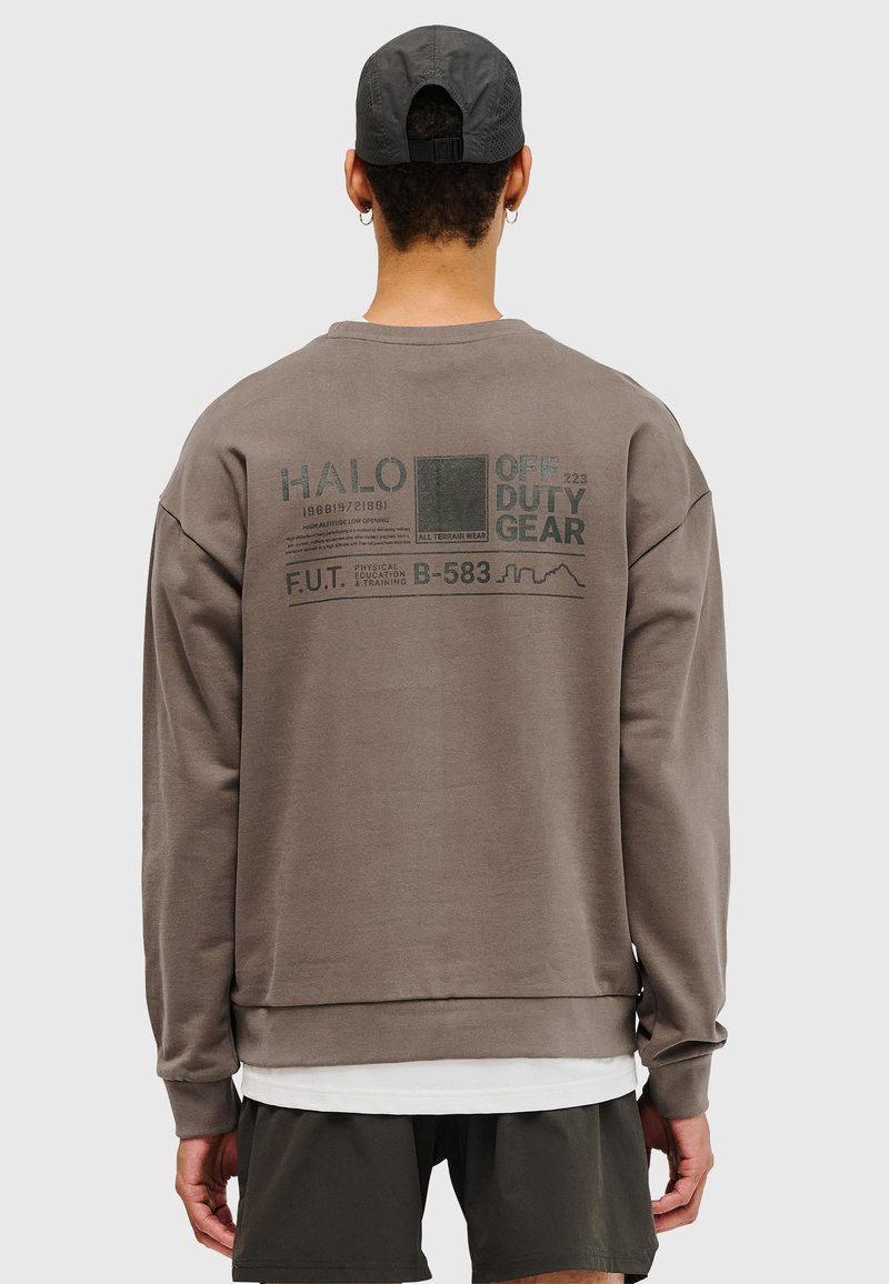 Brun sweatshirt av bomull, med stort tryck på baksidan som inkluderar text och mönster, samt muddade ärmslut och fåll.