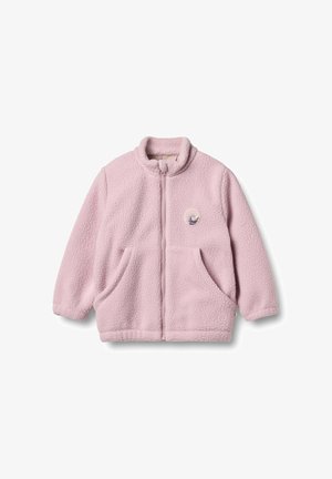 Heleda roosa fliisjakke kõrge kraega, esisepp, kaks küljetaskut ja laine logo rinnal. Pehme tekstuur ja mugav disain.